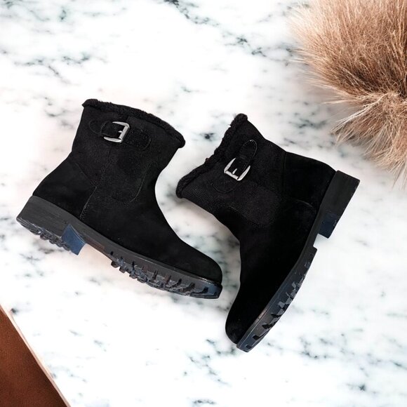 BareTraps Shoes - BareTraps Fairlee Black Ankle Zip Suede Leather Boots Size 7.5M Faux Fur Lined